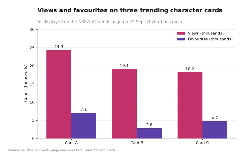 Bar chart comparing views and favourites on three character cards
